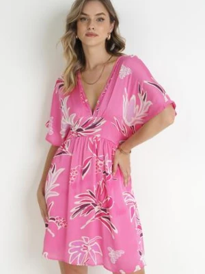 Różowa Sukienka Mini z Rękawem Typu Nietoperz i Gumką w Pasie Zartina retro & icone