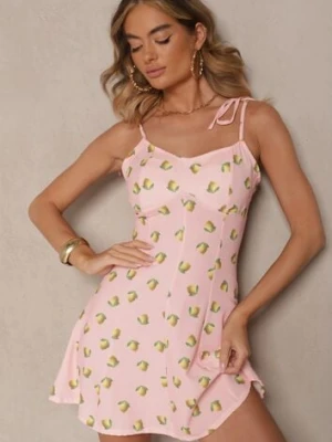 Różowa Sukienka na Cienkich Wiązanych Ramiączkach w Cytrynowy Print Efrinira lovery