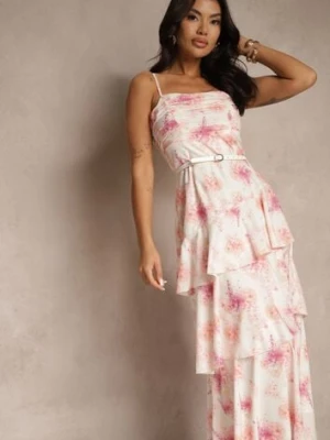 Różowa Sukienka na Ramiączkach z Falbankami i Marszczeniem w Kwiatowy Wzór Revoreine retro & icone