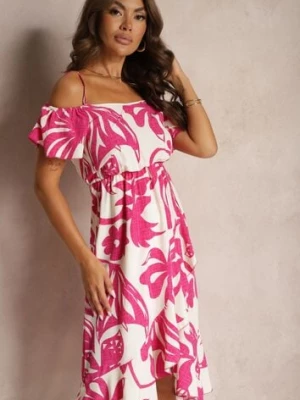 Różowa Sukienka na Ramiączkach z Hiszpańskim Dekoltem i Gumką w Talii Nellondra cflo