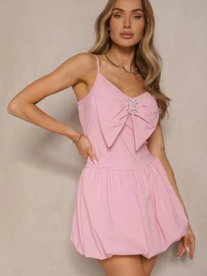 Różowa Sukienka o Fasonie Bombki z Kokardką na Dekolcie i Cyrkoniami Palonira lovery