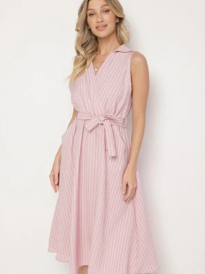 Różowa Sukienka o Koszulowym Kroju Bez Rękawów z Wiązanym Paskiem Liriora New Collection