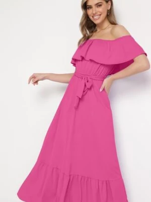 Różowa Sukienka o Rozkloszowanym Fasonie z Hiszpańskim Dekoltem i Materiałowym Paskiem Nacara