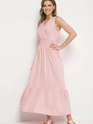 Różowa Sukienka o Rozkloszowanym Kroju Bez Rękawów z Kopertowym Dekoltem Filoria j&x
