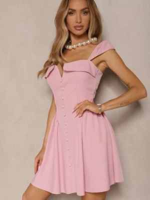 Różowa Sukienka o Rozkloszowanym Kroju na Ramiączkach z Ozdobnym Dekoltem Salaviel allyson