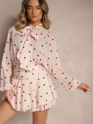 Różowa Sukienka o Rozkloszowanym Kroju z Nietoperzowymi Rękawami i Wiązaniem Mironaria allyson