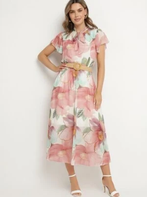 Różowa Sukienka o Rozkloszowanym Kroju z Wiązaniem przy Dekolcie i Paskiem Sorilina lovery