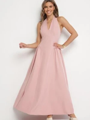 Różowa Sukienka o Rozkloszowanym Kroju z Wiązanym Dekoltem Halter Senicea allyson