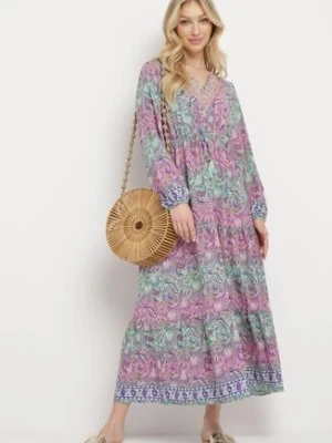 Różowa Sukienka Rozkloszowana z Falbanką w Print Paisley Kapiss