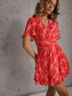 Różowa Sukienka Rozkloszowana z Kopertowym Dekoltem w Abstrakcyjny Wzór Irinera retro & icone