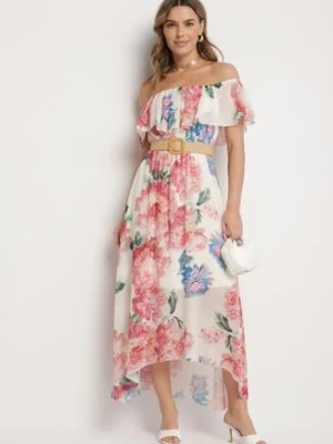 Różowa Sukienka Typu Hiszpanka w Kwiaty z Paskiem Sademire lovery