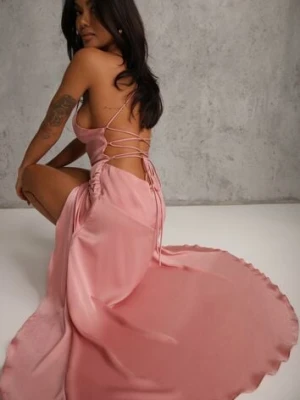 Różowa Sukienka Vices o Rozkloszowanym Kroju z Odkrytymi Plecami i Gorsetowym Wiązaniem Natiere