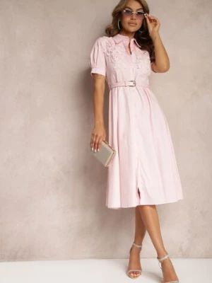 Różowa Sukienka w Koszulowym Stylu z Paskiem Ozdobiona Koronką Ilidia elsa.m by may