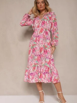 Różowa Sukienka w Kwiatowy Print o Rozkloszowanym Kroju z Dekoltem w Serek Janellia pretty