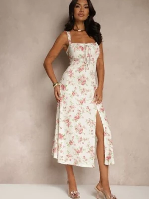 Beżowo-Różowa Sukienka w Kwiatowy Wzór z Kwadratowym Dekoltem Firaseve lovery