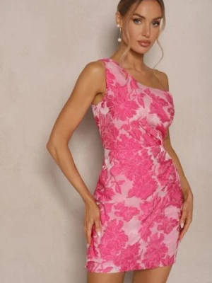 Różowa Sukienka w Kwiaty o Taliowanym Fasonie z Asymetryczną Górą na Jedno Ramię Halavira retro & icone