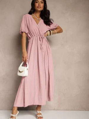 Różowa Sukienka z Bawełną Ozdobiona Kopertowym Dekoltem i Paskiem Grellevia h&s