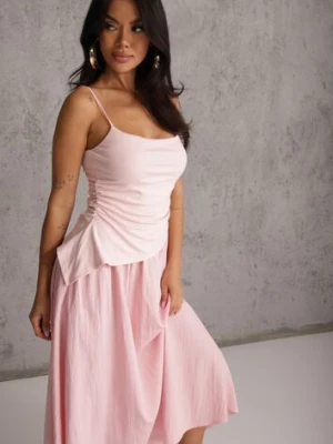 Różowa Sukienka z Bawełny na Ramiączkach z Asymetryczną Warstwą w Talii Petimelle by swan