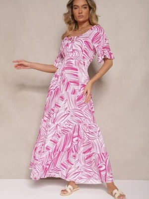 Różowa Sukienka z Bawełny o Rozkloszowanym Kroju z Motywem Liści Aluielle defox