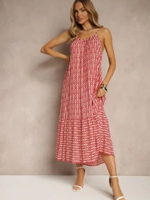 Różowa Sukienka z Bawełny Ozdobiona Geometrycznym Motywem Nilavionea defox