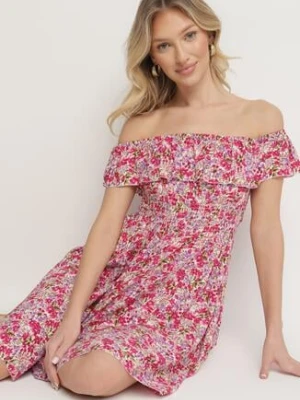 Różowa Sukienka z Bawełny Typu Hiszpanka z Falbankami w Kwiaty Aenne defox