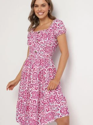 Różowa Sukienka z Bawełny w Ornamentalny Wzór z Gumką w Pasie Natirissa defox