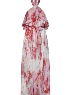 Różowa Sukienka z Dekoltem Halter i Artystycznym Wzorem Kwiatowym Msgm