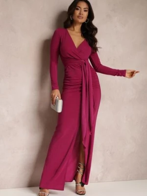 Różowa Sukienka z Kopertowym Dekoltem Błyszcząca z Marszczeniem Umoria by swan