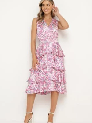 Różowa Sukienka z Kopertowym Dekoltem i Gumką w Pasie z Falbankami Dimolia retro & icone