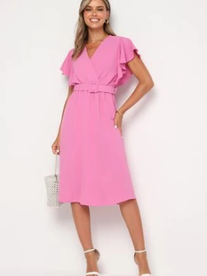 Różowa Sukienka z Kopertowym Dekoltem i Paskiem Sizue lovery