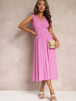 Różowa Sukienka z Kopertowym Dekoltem i Plisowanym Dołem Anamarie by swan