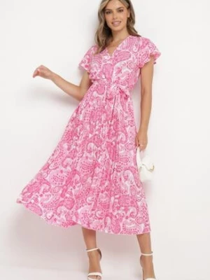 Różowa Sukienka z Kopertowym Dekoltem z Gumką w Talii i Materiałowym Paskiem Xelovia