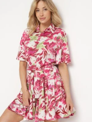 Różowa Sukienka z Krótkim Rękawem Zapinana na Guziki z Materiałowym Paskiem i Falbanką Timaooni retro & icone
