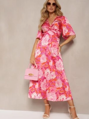 Różowa Sukienka z Marszczonym Dekoltem i Gumką w Talii z Rozcięciami Dilapia retro & icone
