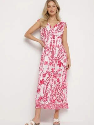 Różowa Sukienka z Roślinnym Wzorem i Kopertowym Dekoltem z Gumką w Talii Orrune j&x