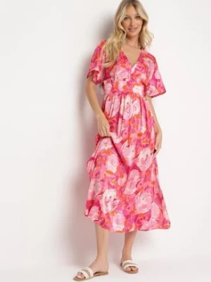 Różowa Sukienka z Satynowego Materiału z Kopertowym Dekoltem i Luźnym Rękawem Xaremia retro & icone