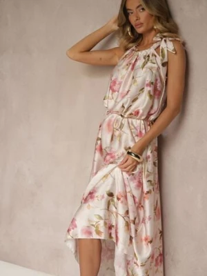 Różowa Sukienka z Satyny w Kwiatowy Wzór Fenimea