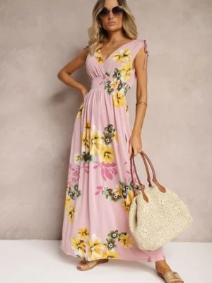 Różowa Sukienka z Wiązanymi Ramiączkami w Kwiatowy Print o Rozkloszowanym Fasonie Talloa defox