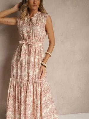 Różowa Sukienka z Wiskozy Bez Rękawów z Paskiem z Wiązaniem Filanesse m&d fashion