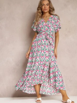 Różowa Sukienka z Wiskozy i Kopertowym Dekoltem w Fantazyjny Print Abai cflo