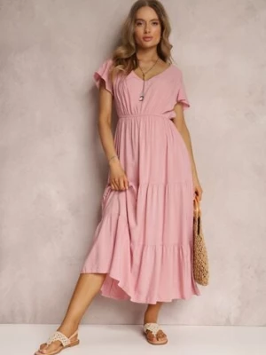 Różowa Sukienka z Wiskozy o Rozkloszowanym Kroju z Falbanami Jonmy cflo