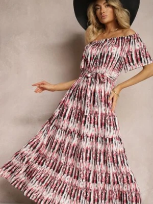 Różowa Sukienka z Wiskozy o Hiszpańskim Dekolcie z Paskiem i Gumką w Talii z Falbanką Cevlea cflo