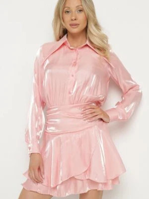 Różowa Sukienka z Wiskozy o Koszulowym Kroju z Falbankami Liova allyson