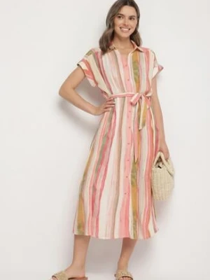 Różowa Sukienka z Wiskozy o Koszulowym Kroju z Wiązanym Paskiem Iffira unigirl