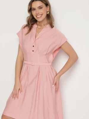 Różowa Sukienka z Wiskozy o Rozkloszowanym Kroju z Paskiem Sepina unigirl