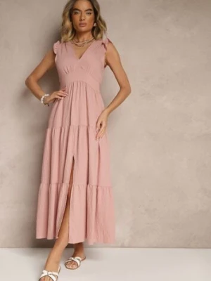 Różowa Sukienka z Wiskozy Ozdobiona Falbankami Sadovene cflo
