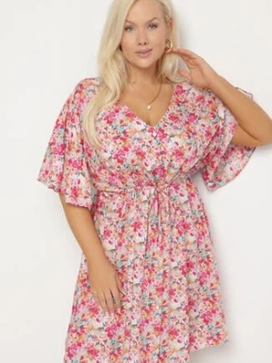 Różowa Sukienka z Wiskozy Ściągana w Talii w Kwiaty Liranette melya by melody