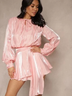 Różowa Sukienka z Wiskozy z Falbanką i Wiązaniem Finlio allyson