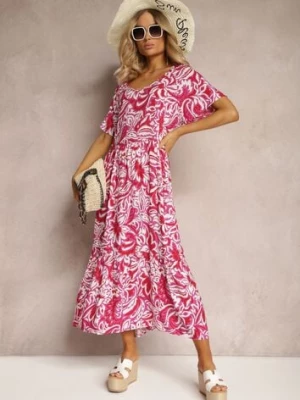 Różowa Sukienka z Wiskozy Zdobiona Falbankami z Krótkim Rękawem Danibella cflo