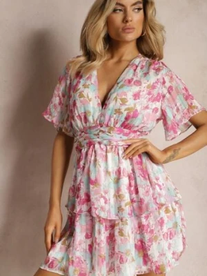 Różowa Taliowana Sukienka z Dzianinową Podszewką i Falbanami z Gumką w Talii Zonelia retro & icone